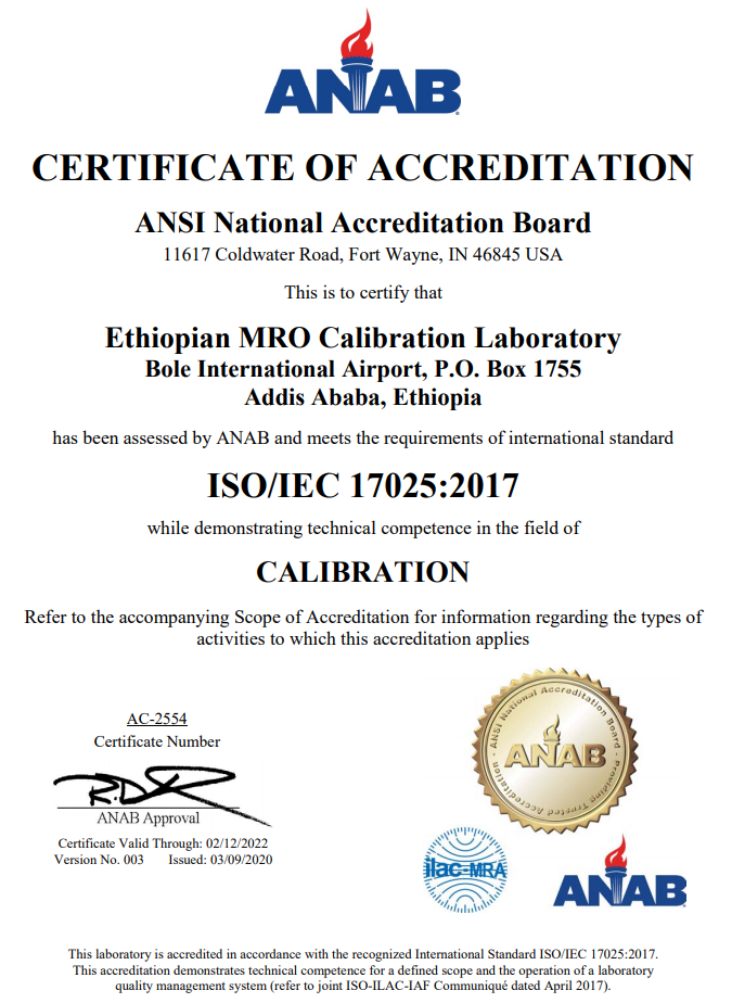 MRO CALIBRATION LABORATORY CERTIFICATE